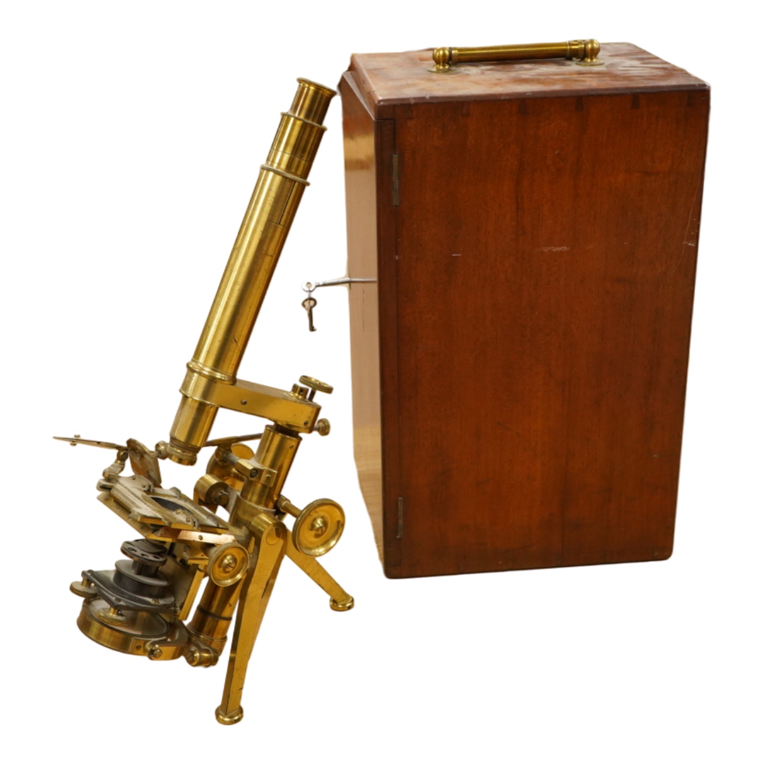 A fine mid 19th century brass compound monocular microscope, by Powell and Lealand, 170, Euston Road, London, dated 1869, mahogany cased, together with a mahogany cased accessory box, containing - 7 objectives, 4 Leiberk